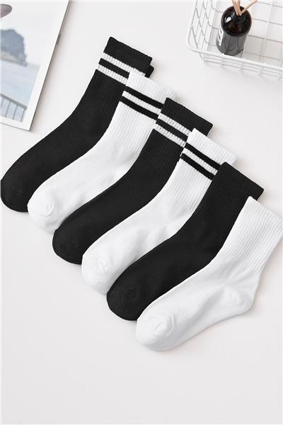 Unisex 6 Çift Düz Siyah-beyaz Tenis Çorap