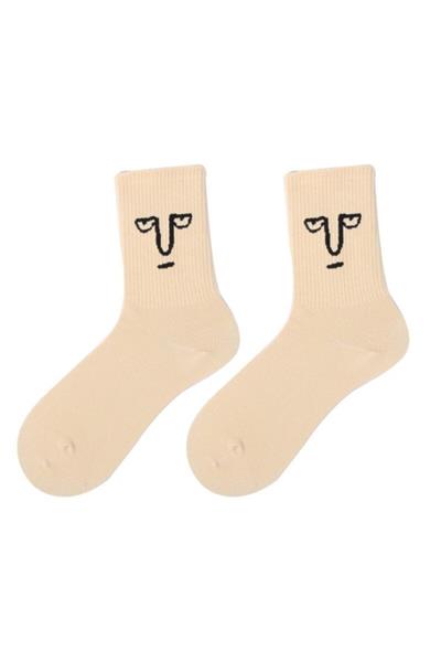 Unisex Bej Yüz Desenli Tenis Çorap