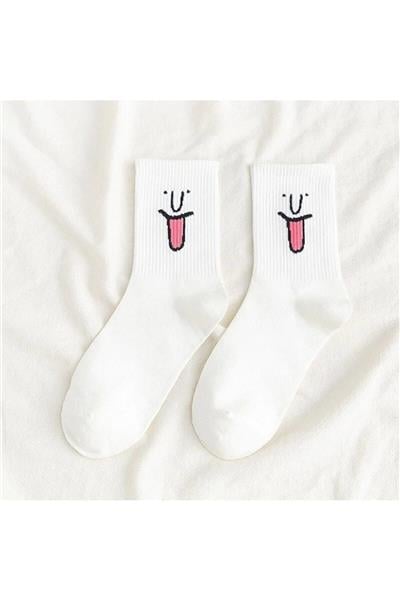 Unisex Renkli Yüz Desenli Tenis Çorap 10'lu