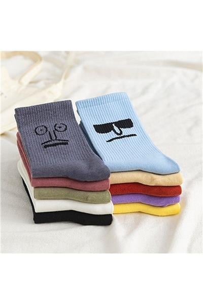 Unisex Renkli Yüz Desenli Tenis Çorap 10'lu Zr-8741954-çok Renkli Klasik