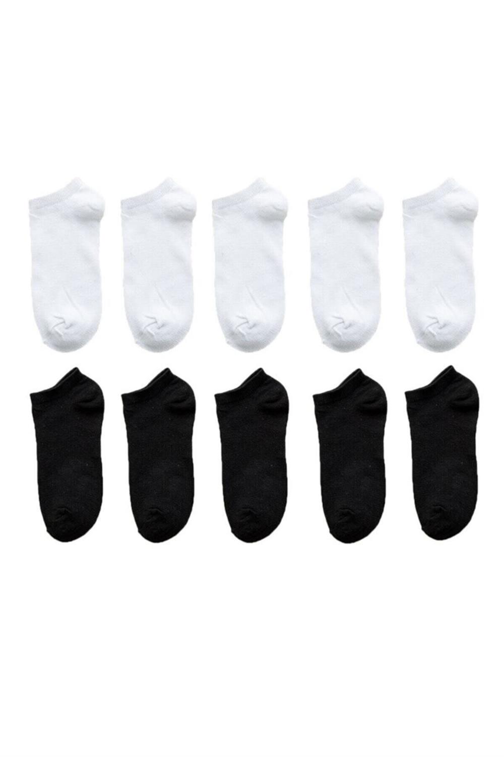 Unisex 10 Çift Koton Ekonomik Siyah + Beyaz Renk Patik Çorap