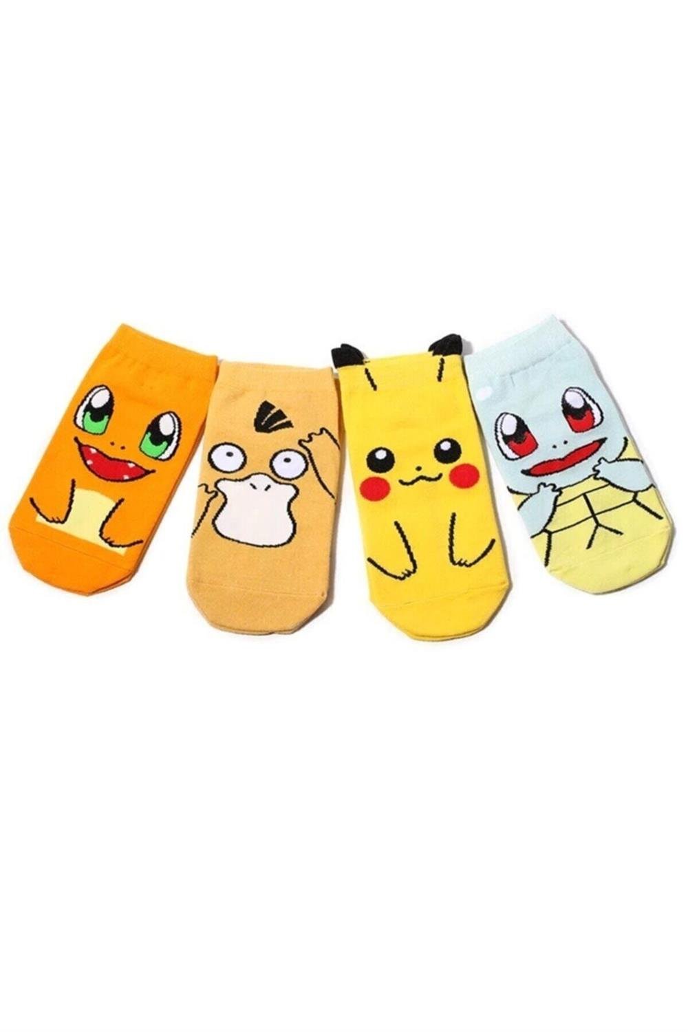 Unisex 4'lü Pokemon Desenli Patik Çorap Renkli Extra Rahat