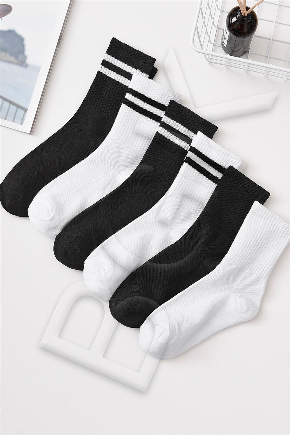 Unisex 6 Çift Düz Siyah-beyaz Tenis Çorap