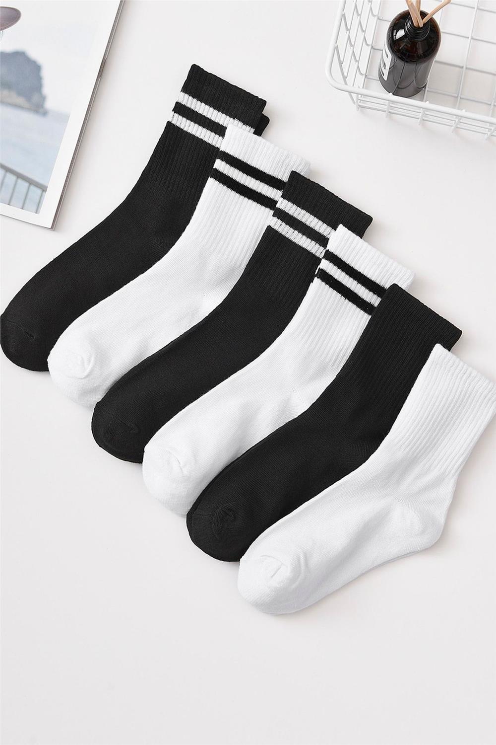 Unisex 6 Çift Düz Siyah-beyaz Tenis Çorap