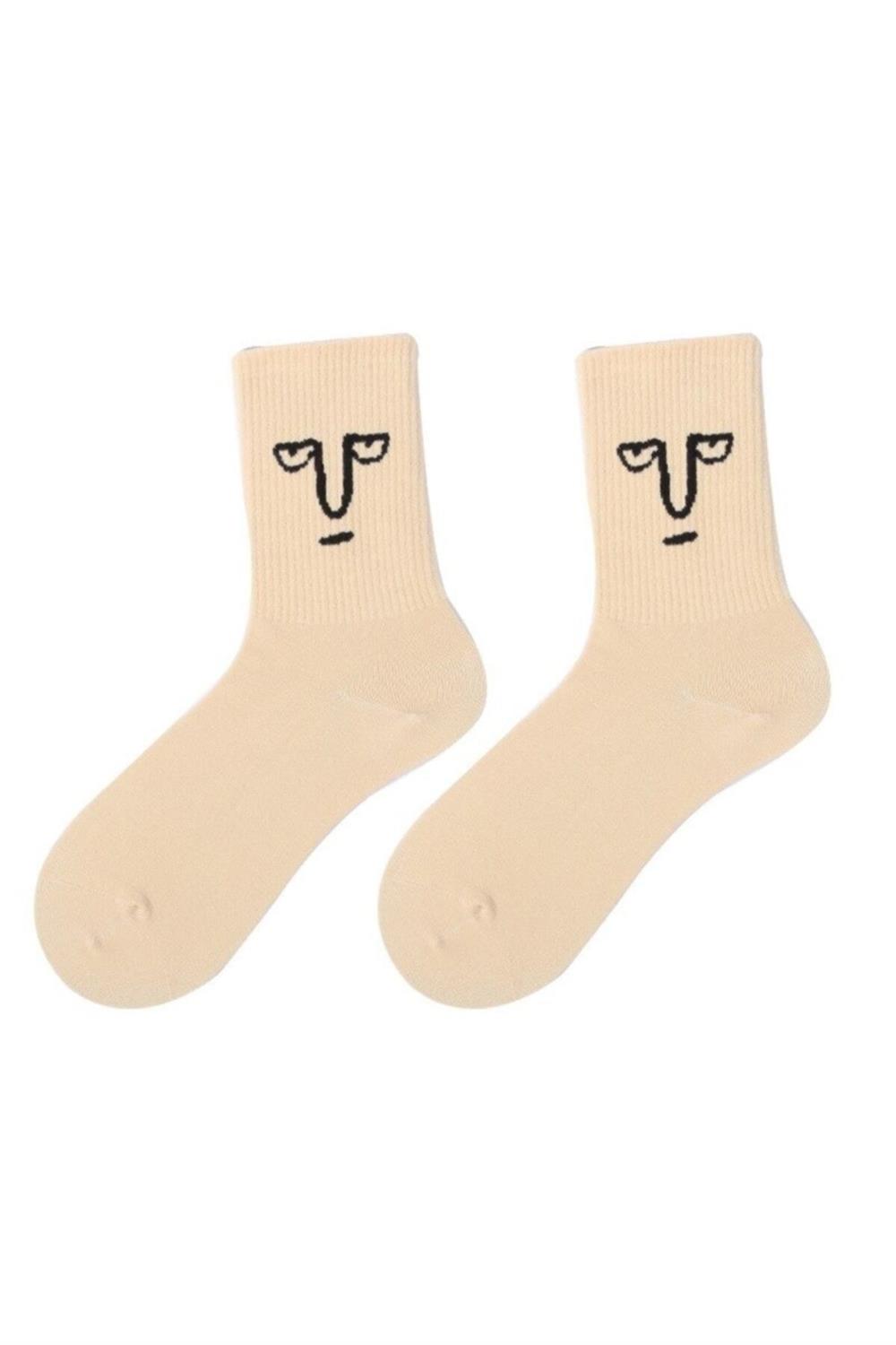 Unisex Bej Yüz Desenli Tenis Çorap