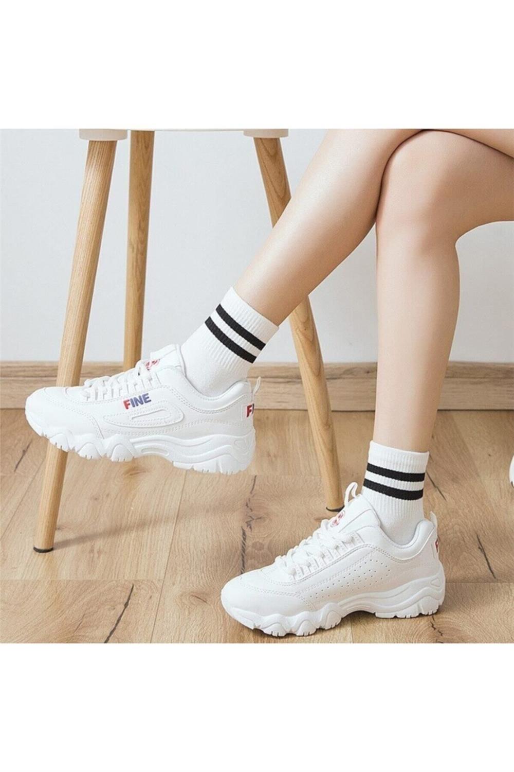 Unisex Beyaz Koton Ekonomik Desenli Tenis Çorap 8 Çift Klasik