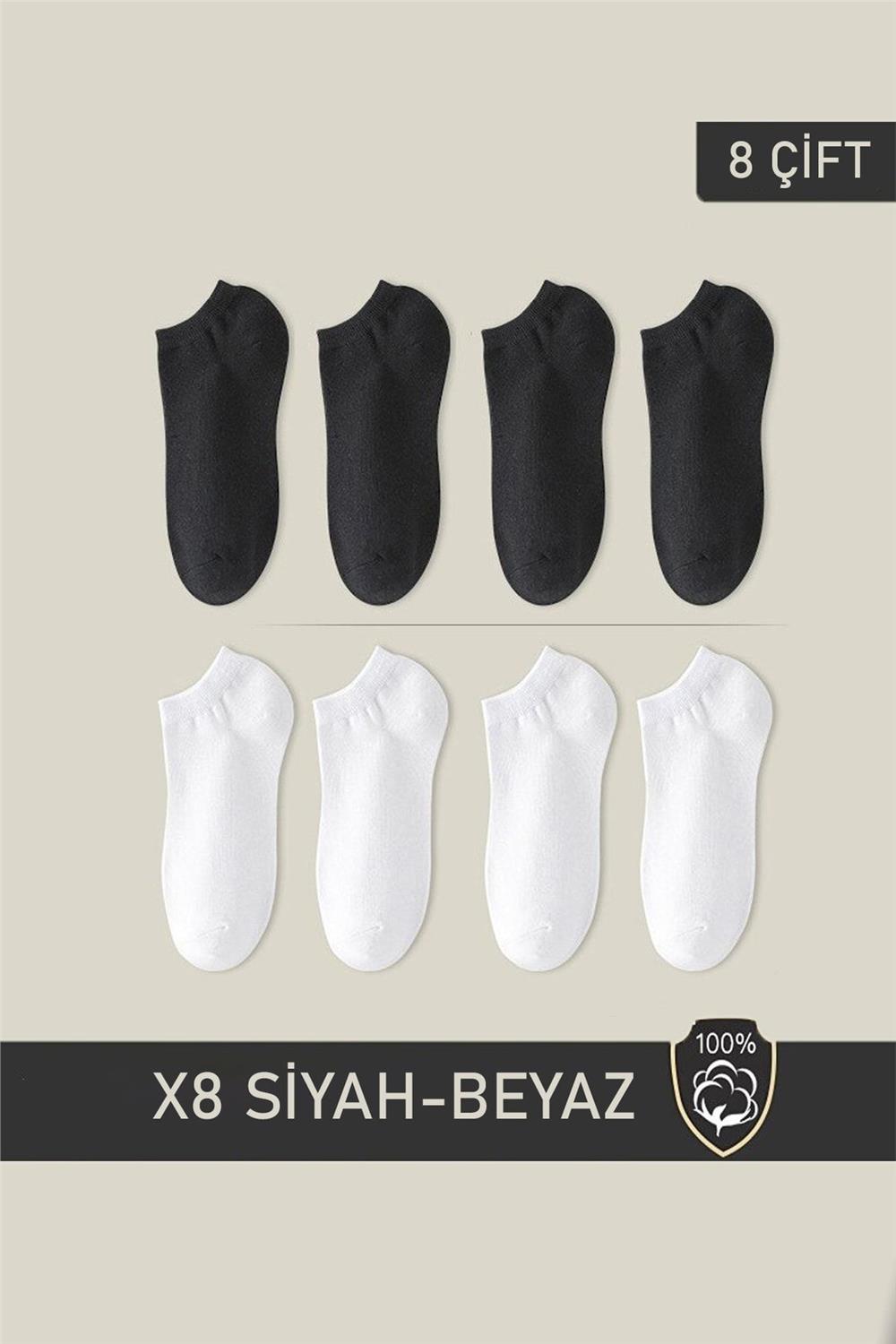 Unisex Patik Çorap 4 Beyaz 4 Siyah (8 ÇİFT)