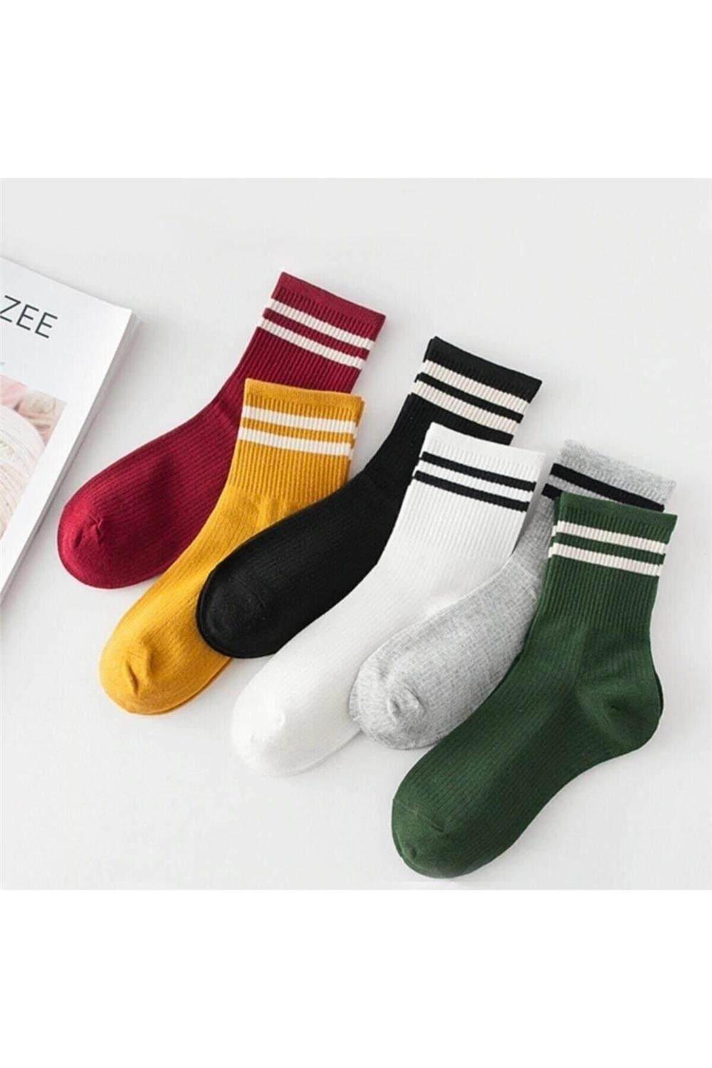 Unisex Renkli 6'lı  Çizgili Tenis Çorabı