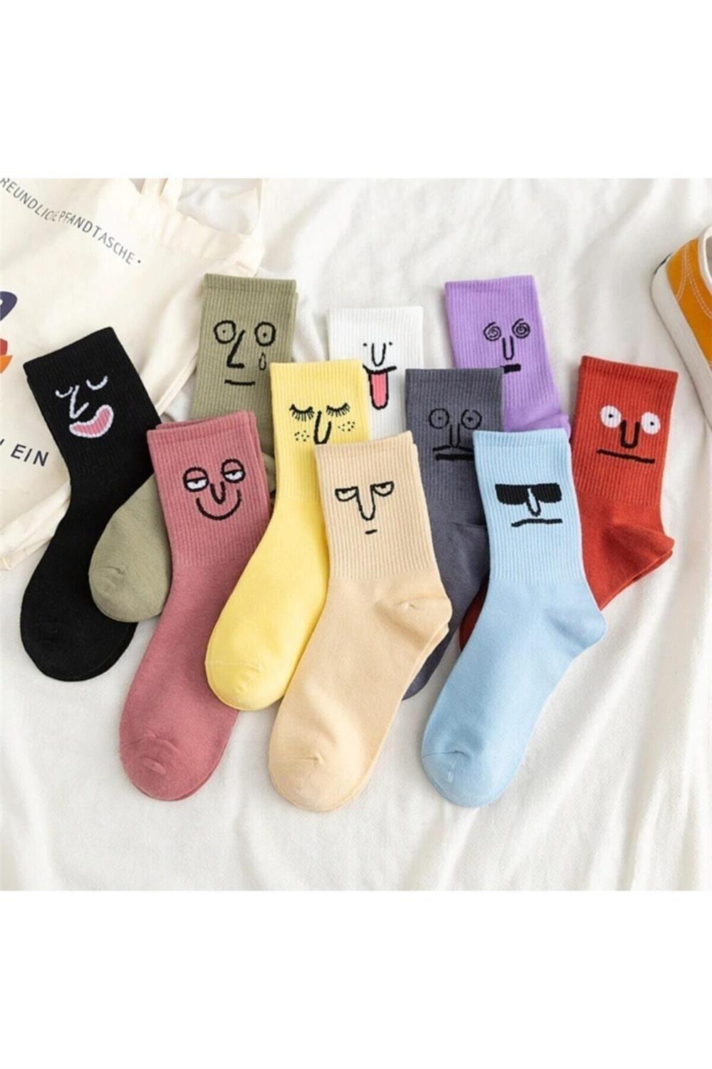 Unisex Renkli Yüz Desenli Tenis Çorap 10'lu