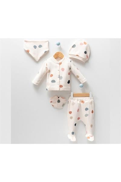 Unisex Bebek Puanlı Desenli Natural 5li Hastane Çıkışı Zıbın Seti