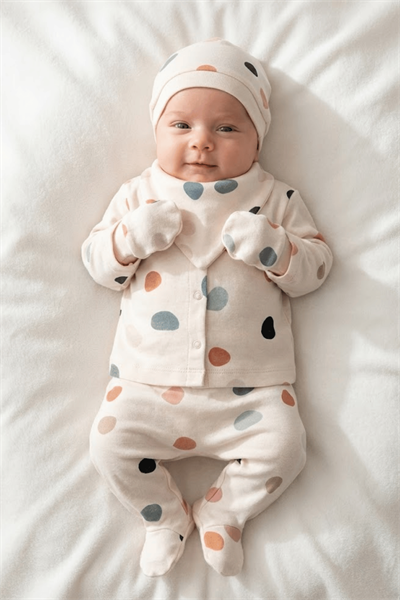 Unisex Bebek Puanlı Desenli Natural 5li Hastane Çıkışı Zıbın Seti