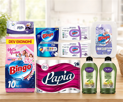 Bingo Mega Ev Temizlik ve Kişisel Bakım Seti 9 Parça | 10 Kg Deterjan, 80'li Kapsül, 5 L Yumuşatıcı, Papia, Duru