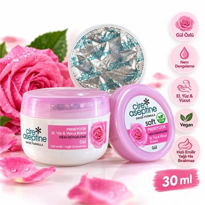 Cire Aseptine Soft Gül Özlü Prebiyotik El, Yüz ve Vücut Kremi 30 ml