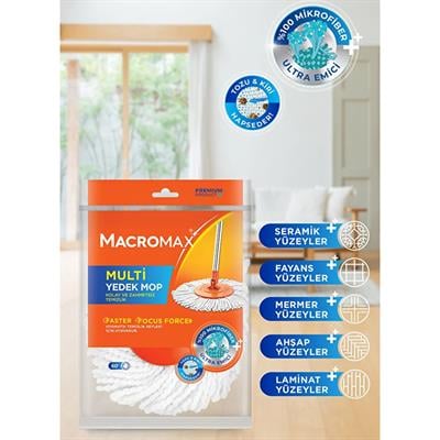 MACROMAX Multi Yedek Mop Başlık, Faster ve Focus Otomatik Döner Temizlik Setleri İle Uyumlu Paspas