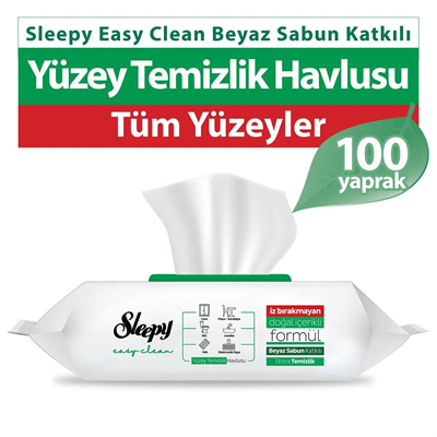 Sleepy Easy Clean Beyaz Sabun Katkılı Yüzey Temizlik Havlusu, 100 Yaprak