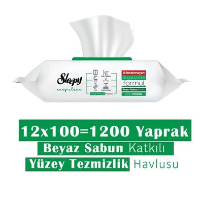 Sleepy Easy Clean Beyaz Sabun Katkılı Yüzey Temizlik Havlusu 12 Adet (1200 Yaprak)