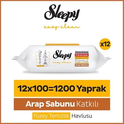 Sleepy Easy Clean Premium Arap Sabunu Katkılı Yüzey Temizlik Havlusu Mendili 12x100 (1200 Yaprak)