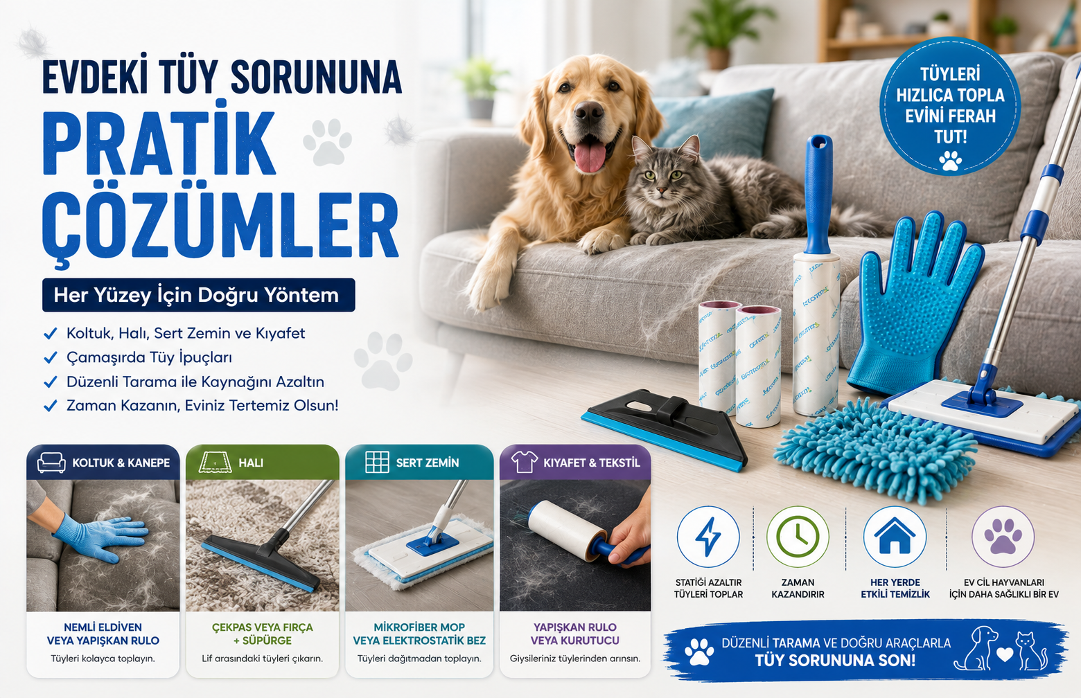 Evcil Hayvan Tüyü Nasıl Temizlenir? Koltuk, Halı ve Kıyafet İçin Yöntemler