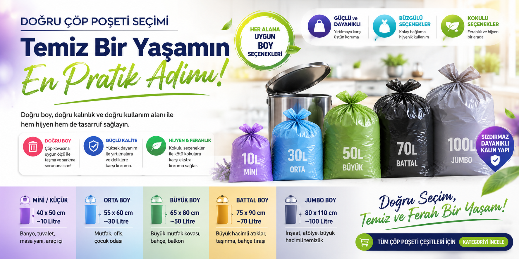 Çöp poşeti boy ve litre tablosu: hangi ölçü neye uyar?
