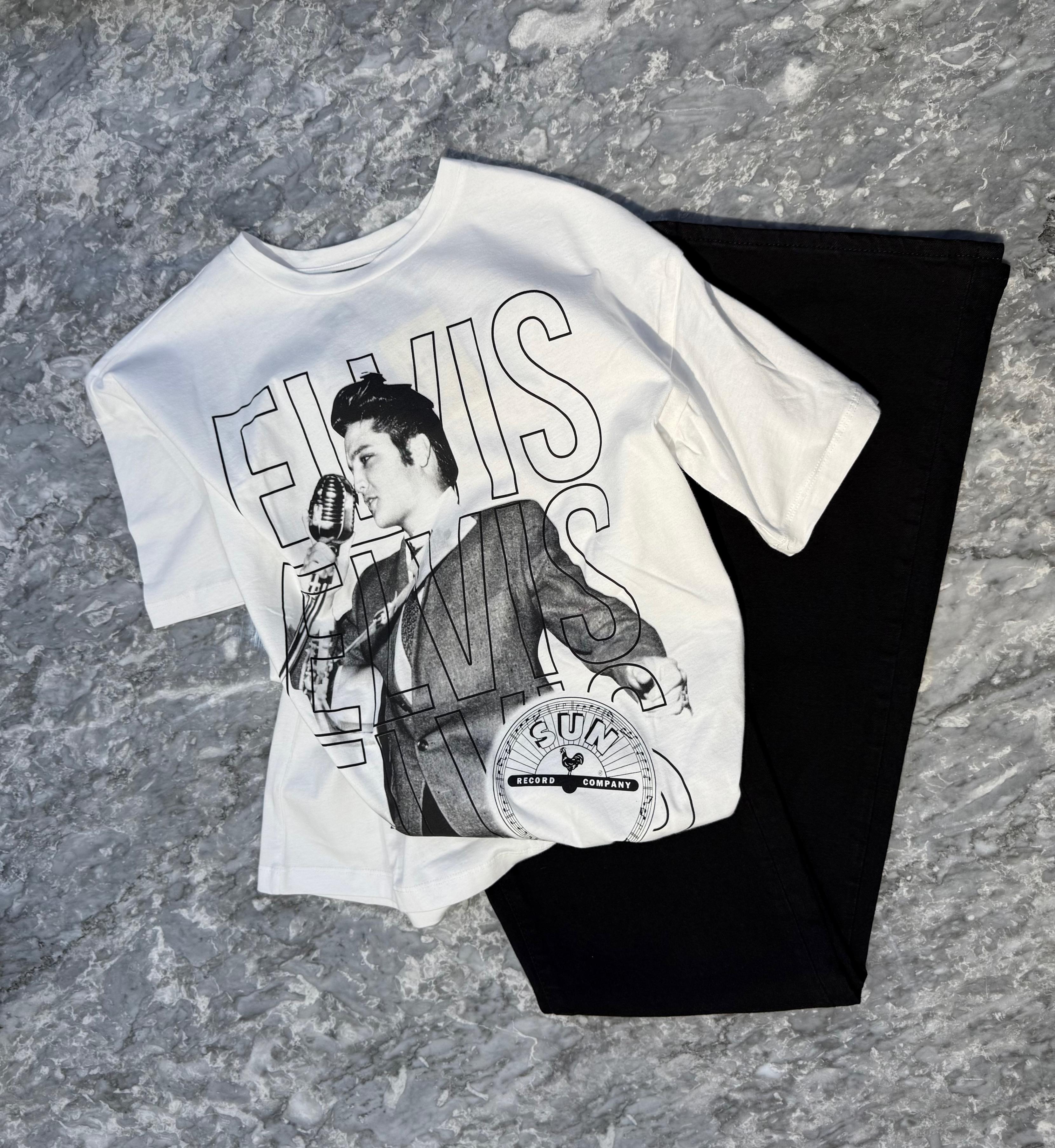 Elvis Presley Baskılı Oversize Beyaz T-shirt