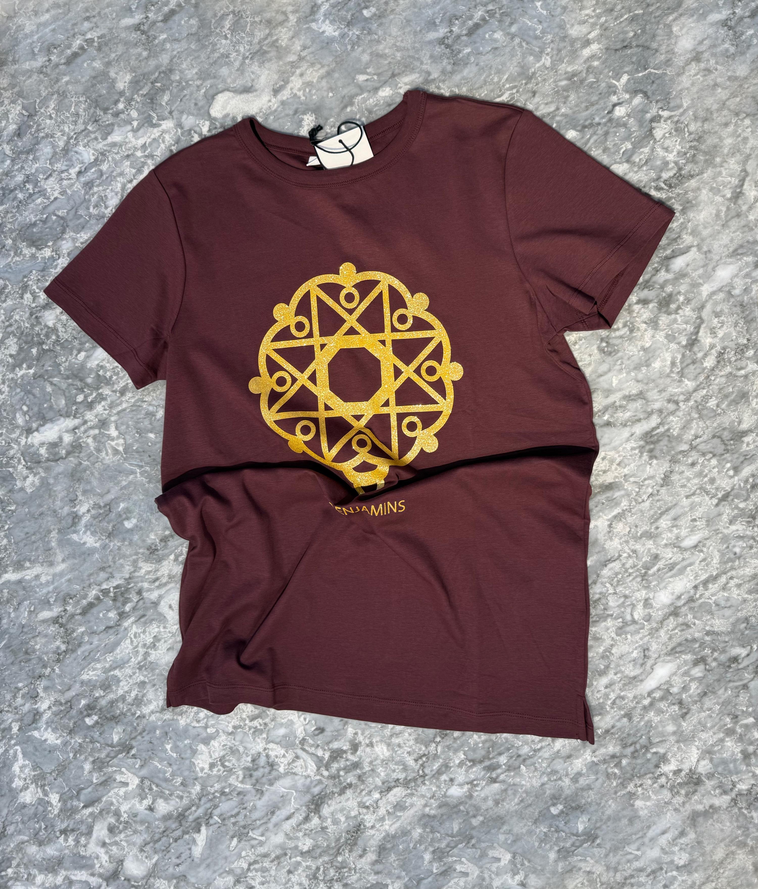 LB Altın Desenli Bordo T-shirt