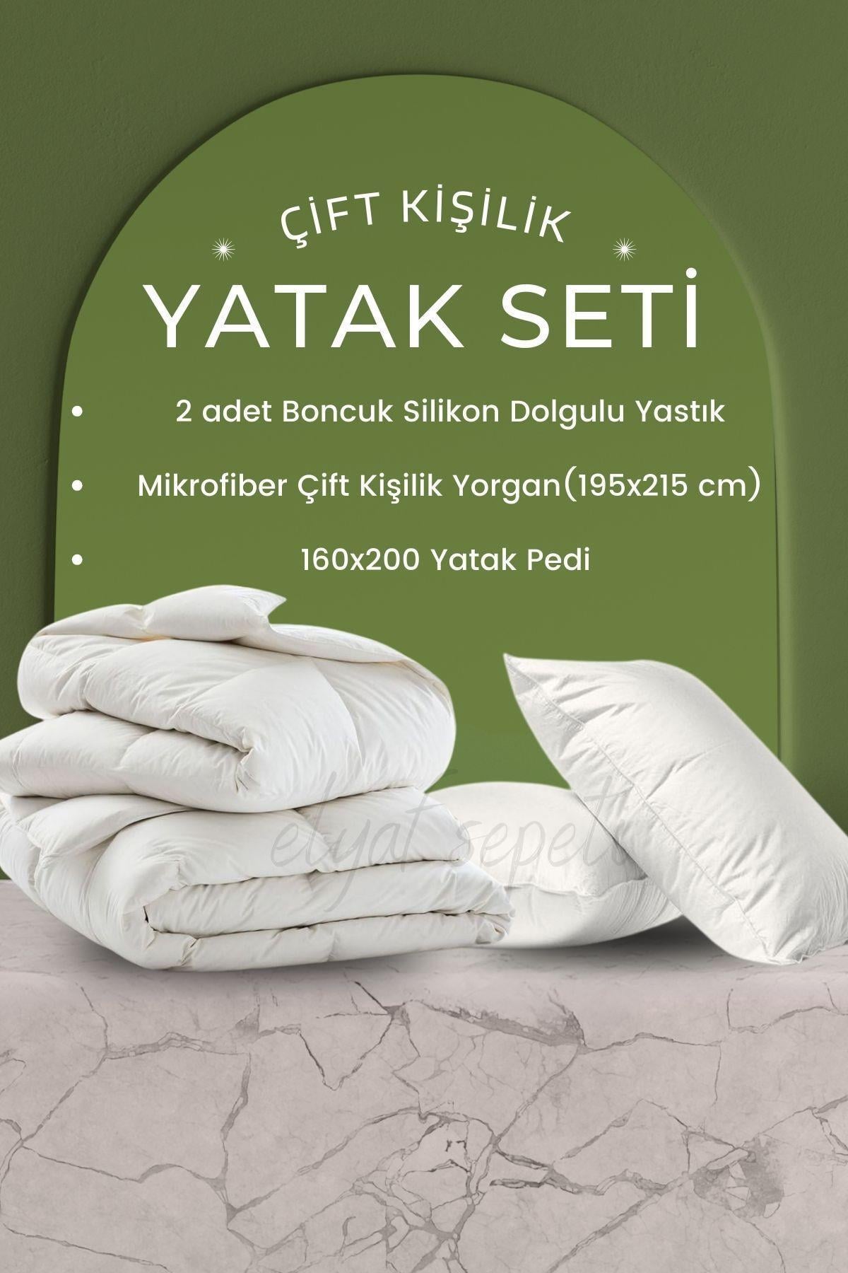 Konforlu Yatak Serisi Çift Kişilik Yatak Seti 2 Adet Yastık+Çift Kişilik Yorgan+ 160x200 Yatak Pedi