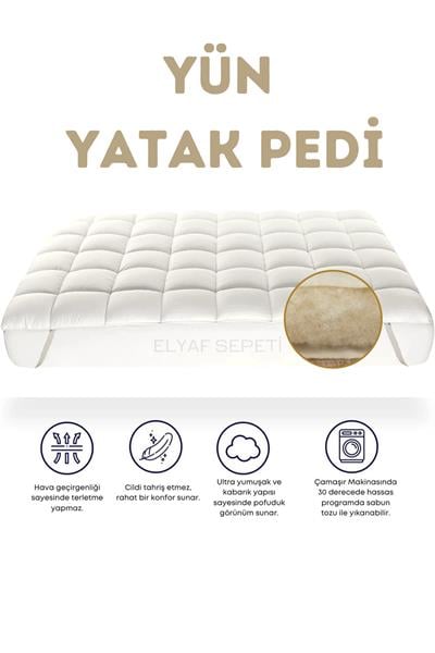 Elyaf Sepeti %100 Doğal Merinos Kuzu Yününden Dört Köşesi Lastikli Yatak Koruyucu Yün Yatak Pedi