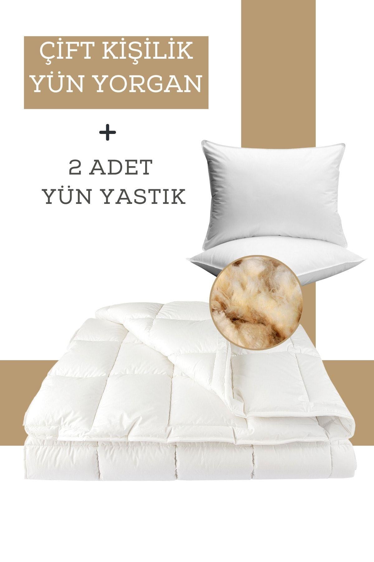 Çift Kişilik Doğal Yün Yorgan 2 Adet Yün Yastık