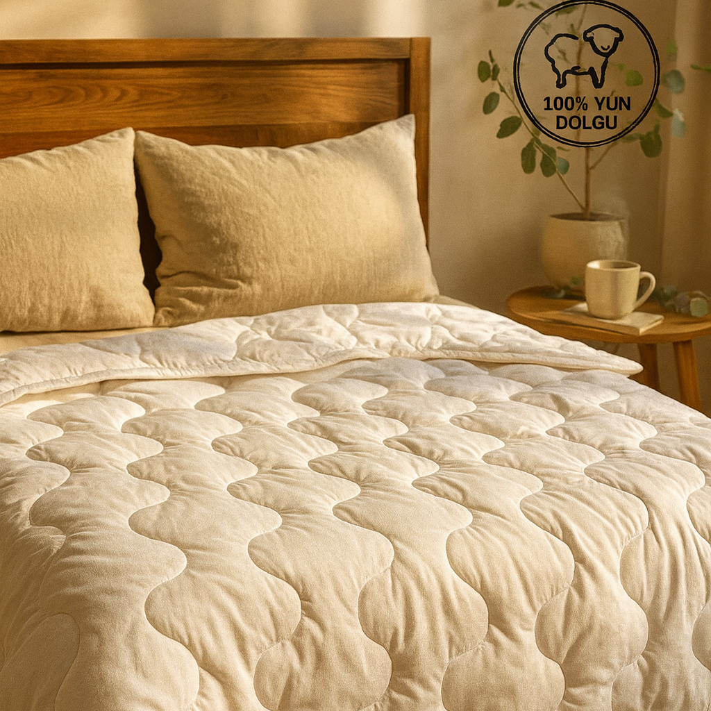Çift Kişilik Yün Yorgan Merinos Kuzu Yünü Yorgan (%100 SAF MERİNOS KUZU YÜNÜ) 195 X 215 Cm Ebat, 3000 gram