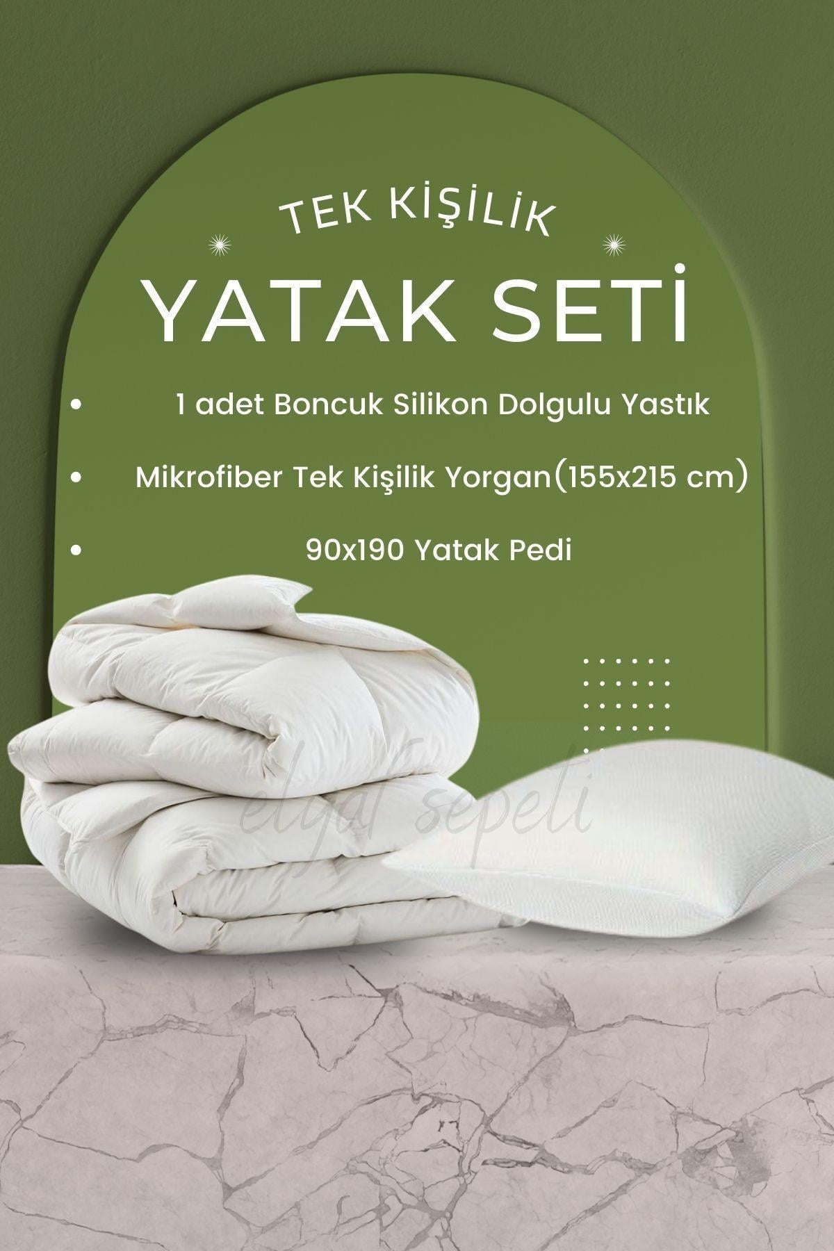 Tek Kişilik Yatak Seti: 1 adet Silikon Yastık + Tek Kişilik Elyaf Yorgan  +90x190 Elyaf Yatak Pedi