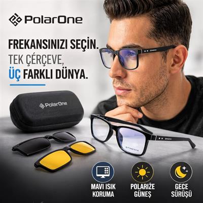 POLARONE PO 351-C1 POLARİZE GÜNEŞ ANTİFAR 2 KLİPSLİ+ MAVİ IŞIK KORUMALI PREMİUM ERKEK GÖZLÜK 55*18*145