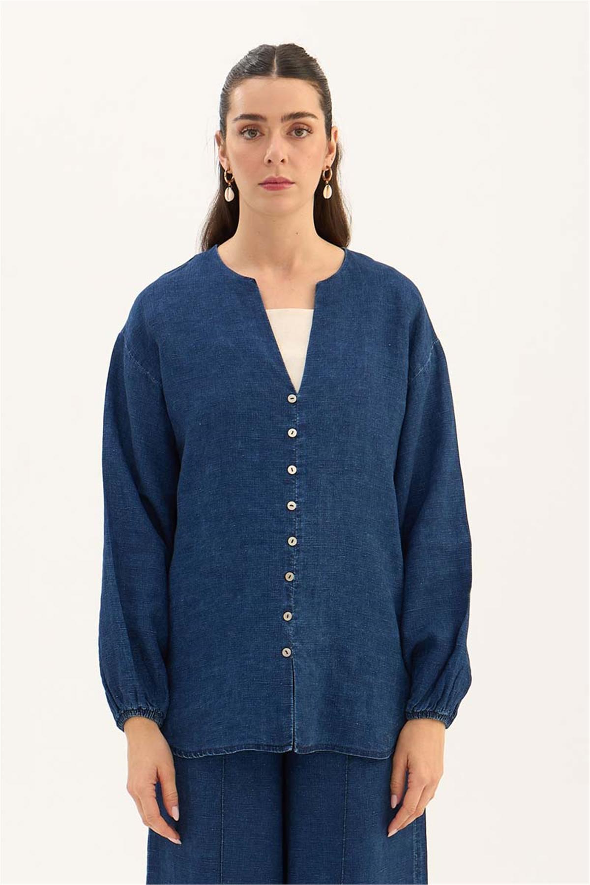 %100 Keten Denim Bluz Lacivert