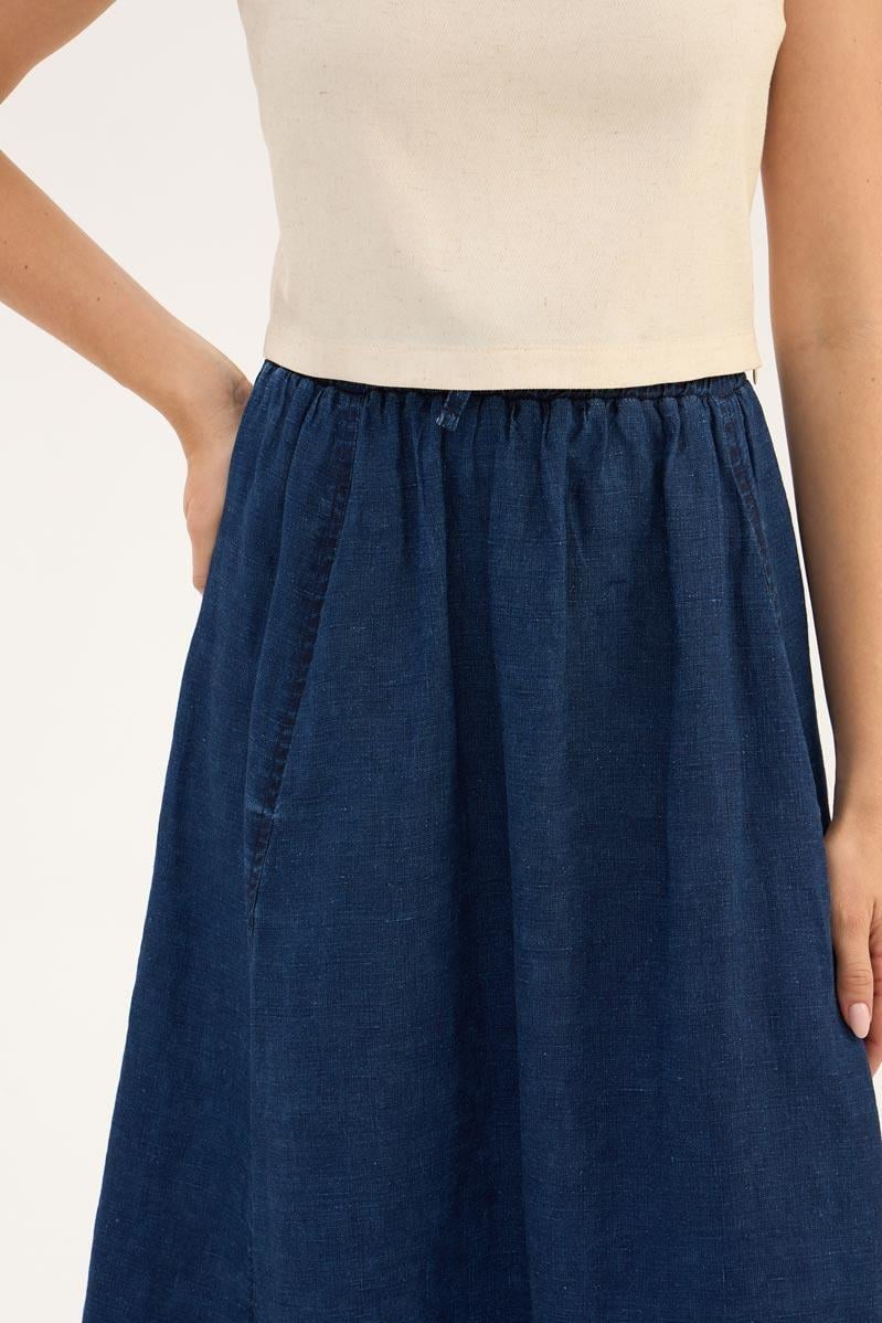 %100 Keten Denim Etek Lacivert