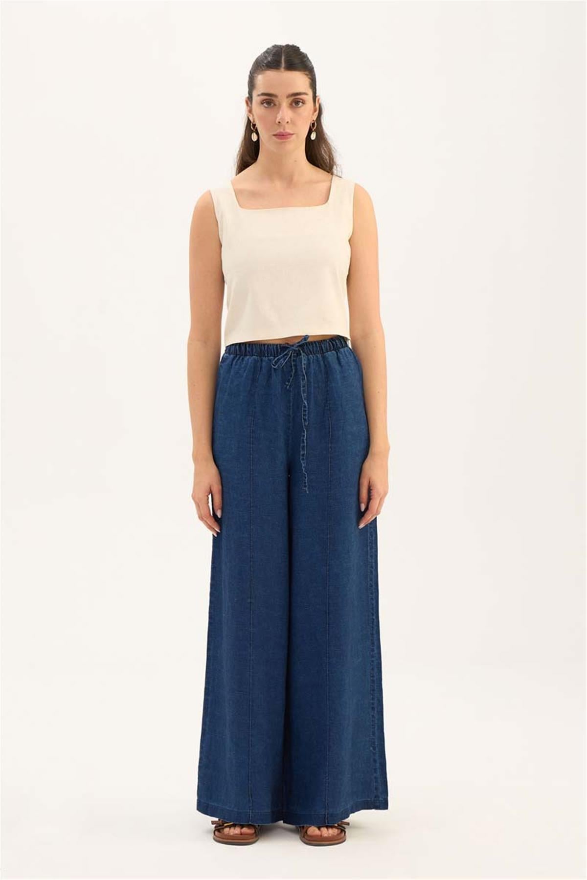 %100 Keten Denim Pantolon Lacivert