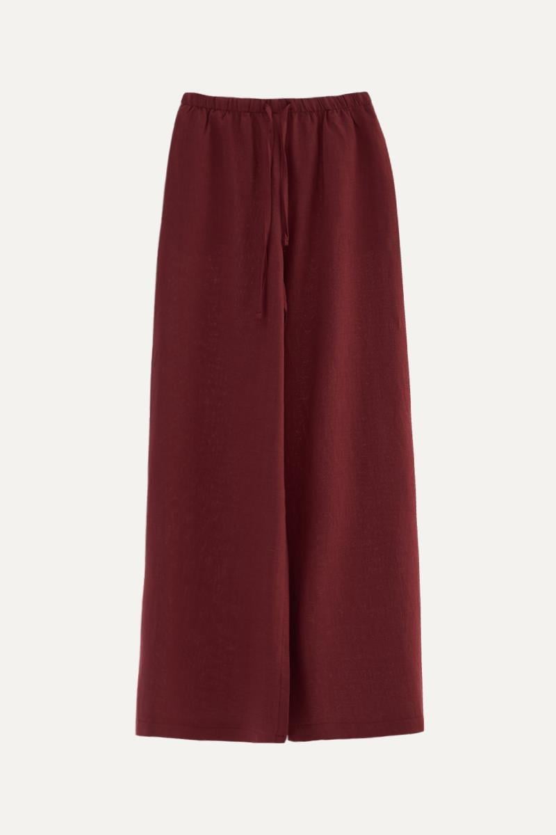 %100 Keten Ekstra Bol Pantolon Bordo