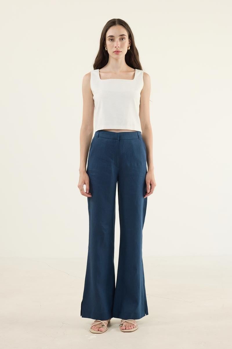 %100 Keten Flare Pantolon Lacivert