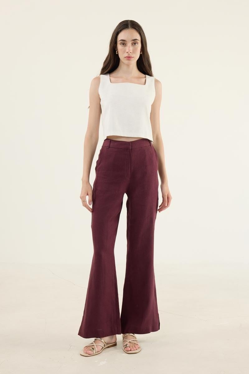 %100 Keten Flare Pantolon Mürdüm