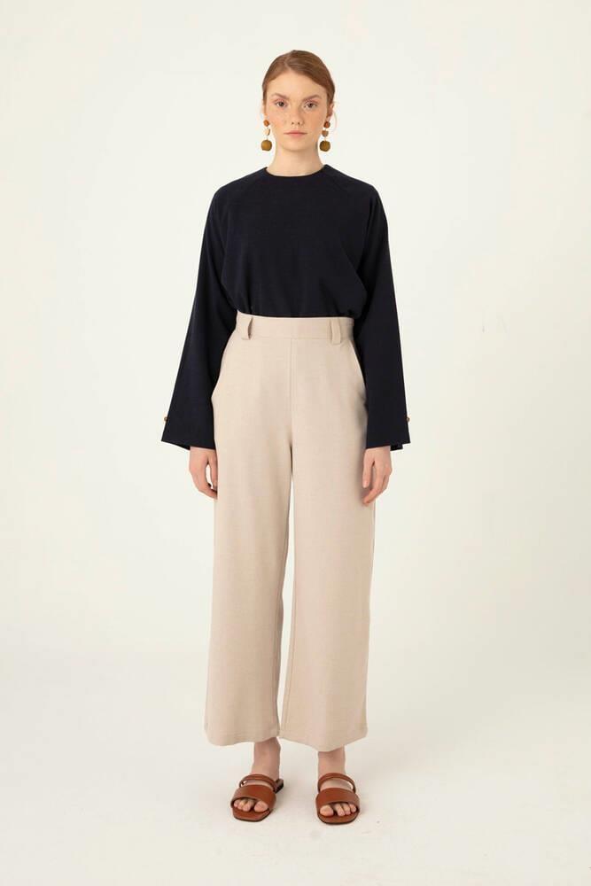 Bol Paça Keten Pantolon Taş