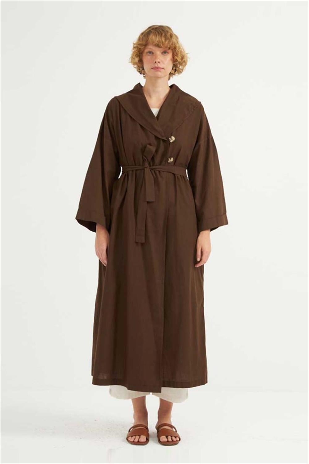 Çift Düğmeli Pamuk Kaftan Acıkahve