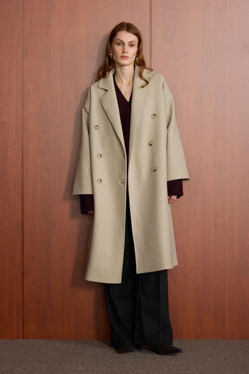 Düğmeli Kruvaze Kaban Bej
