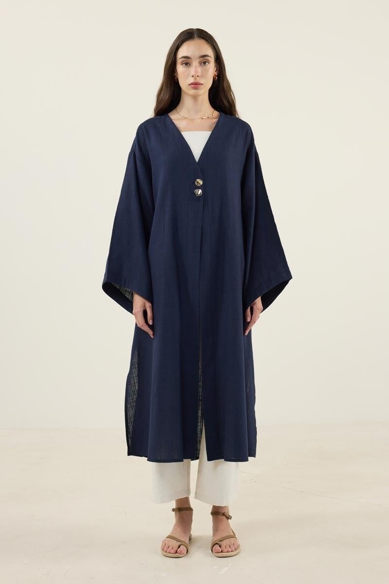 Gold Düğmeli %100 Pamuk Kaftan Lacivert