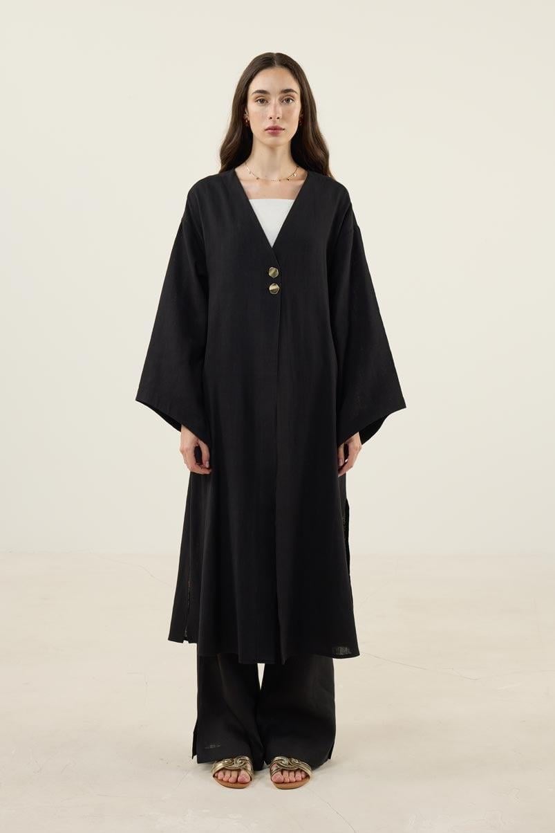 Gold Düğmeli %100 Pamuk Kaftan Siyah