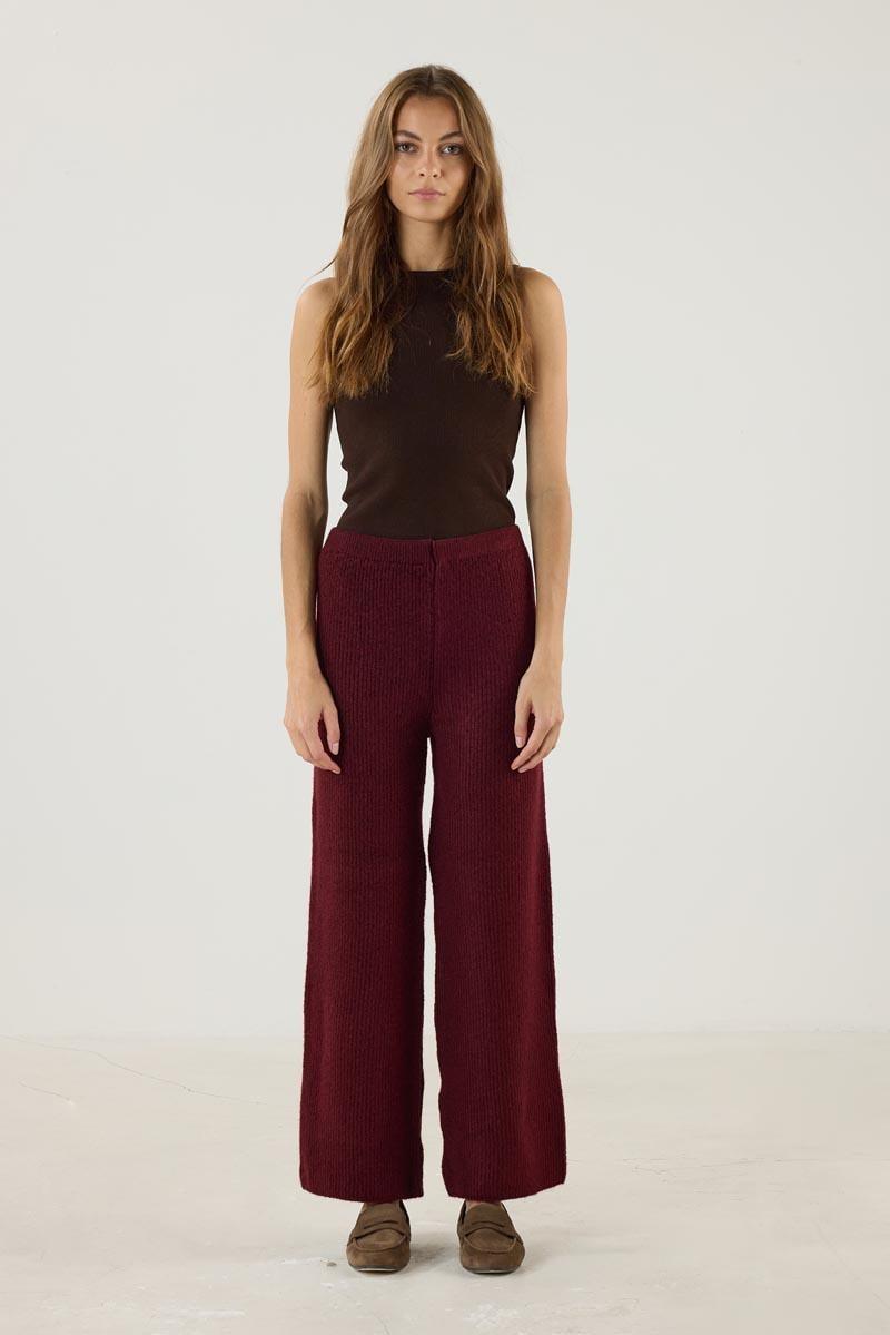 Kadın   Beli Lastikli Örme Triko Pantolon Bordo
