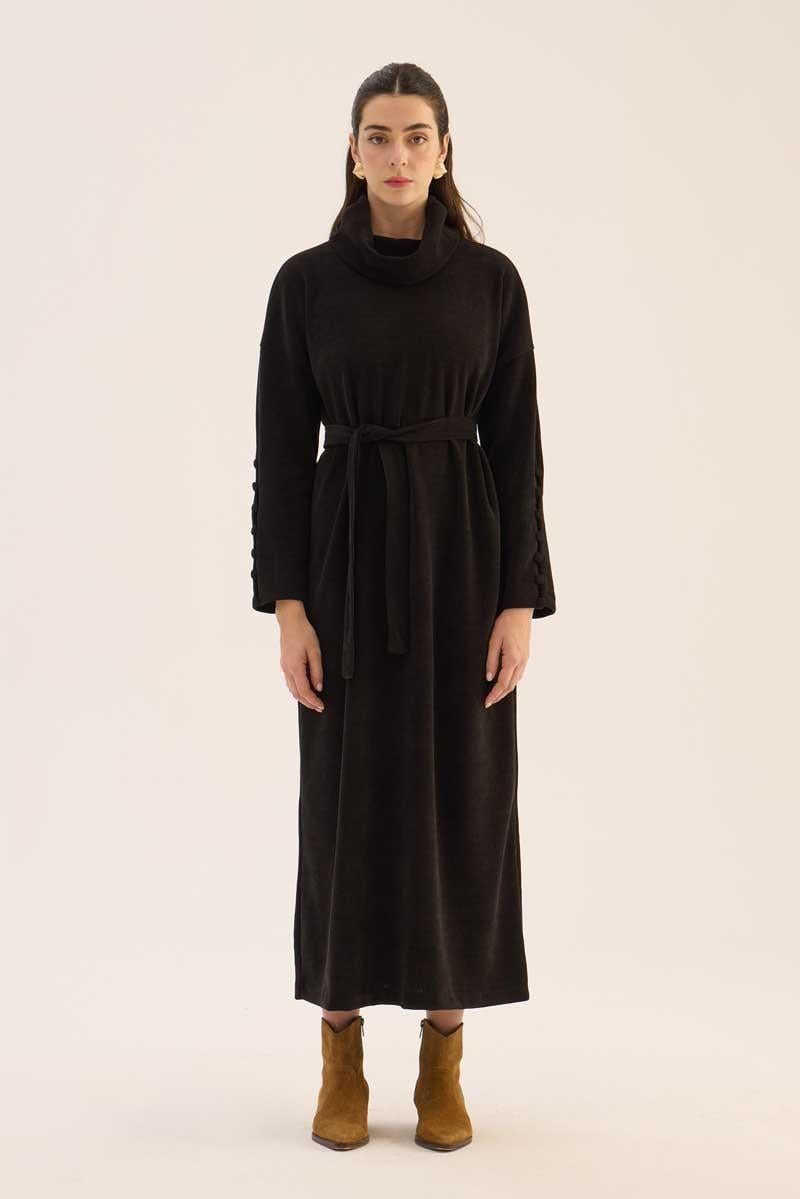 Kaplama Düğmeli Triko Elbise Siyah