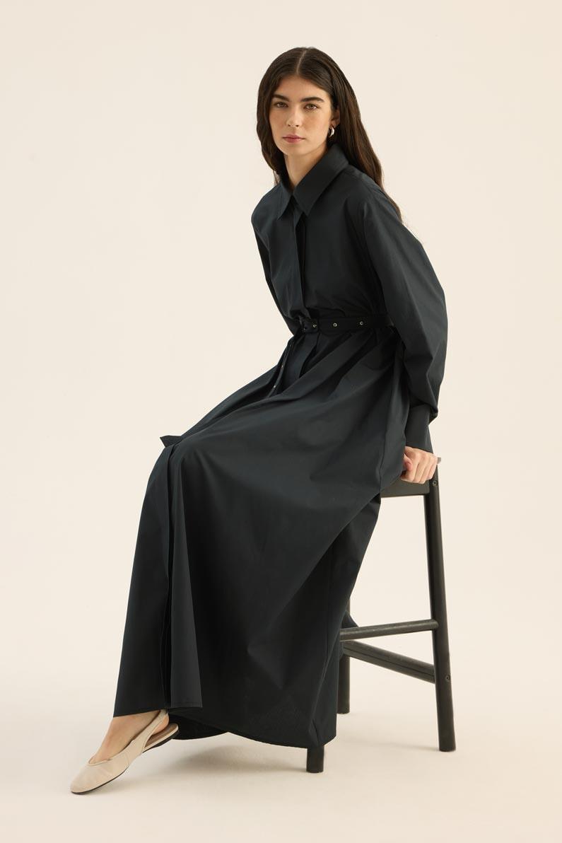 Kaplama Kemer Tokalı Elbise Lacivert