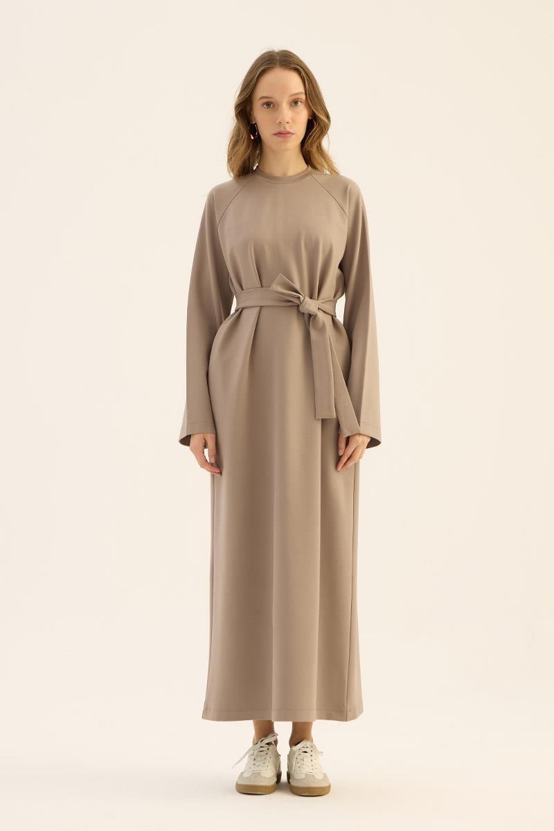 Kemerli Sweatshirt Elbise Koyu Vizon