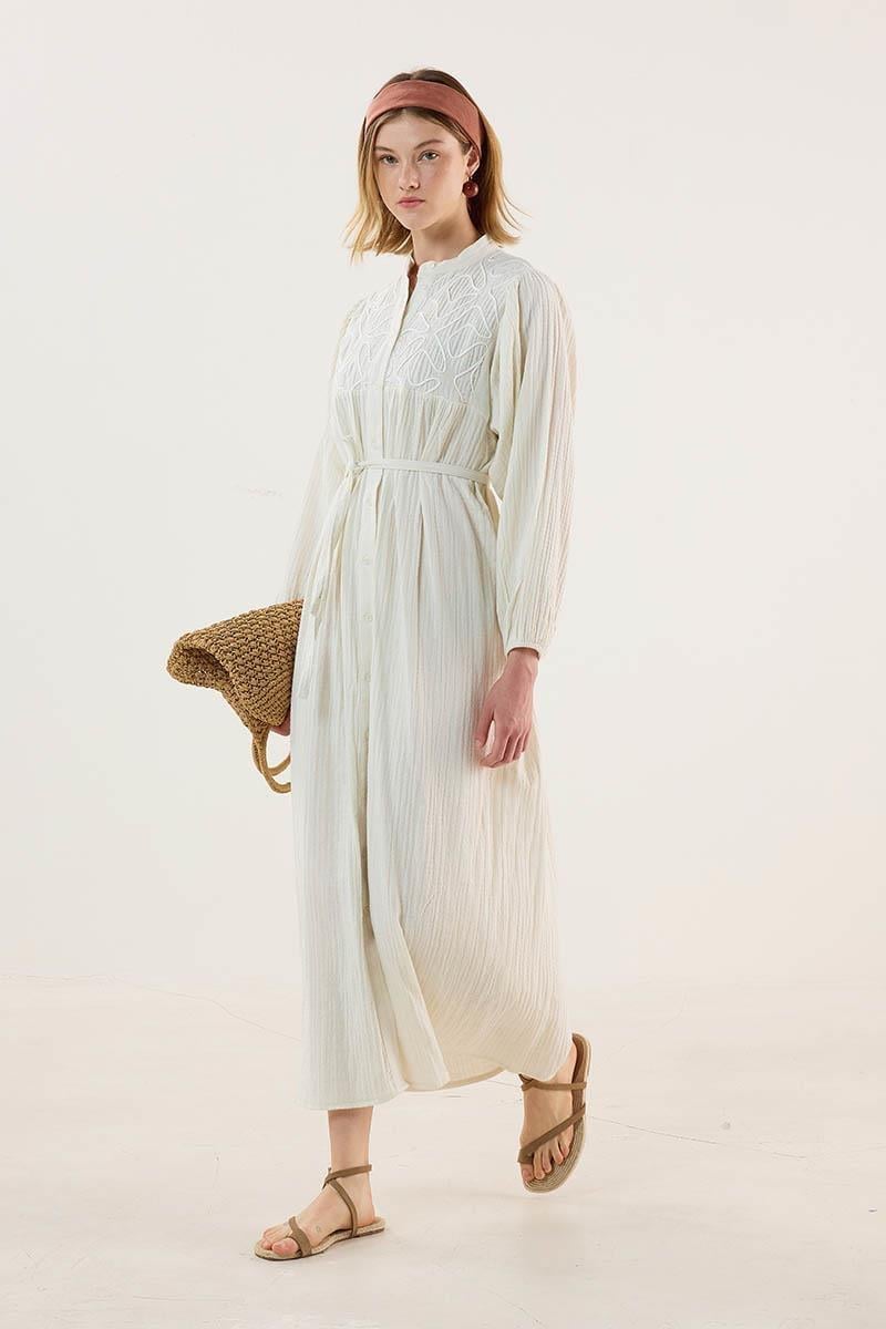 Nakışlı Müslin Elbise Ekru