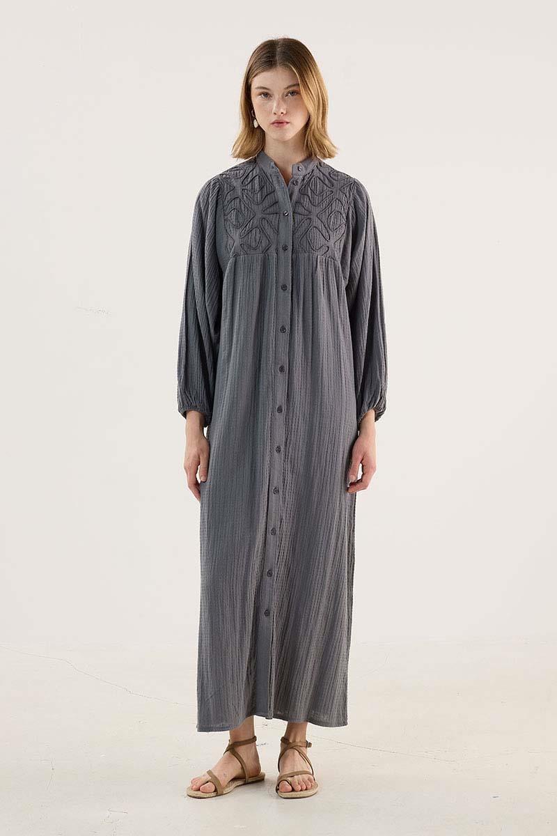 Nakışlı Müslin Elbise Füme