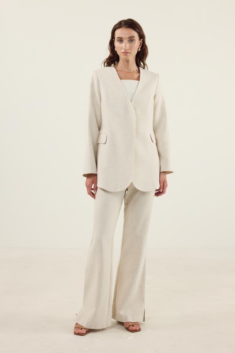 Natürel Keten Blazer Ceket, Flare Pantolon Takım