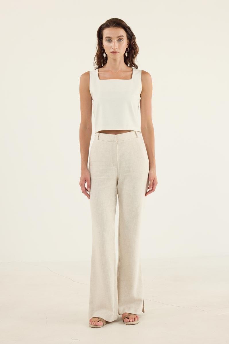 Naturel Keten Flare Pantolon Naturel